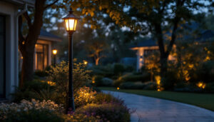 A photograph of a beautifully designed outdoor lamp post illuminated at dusk
