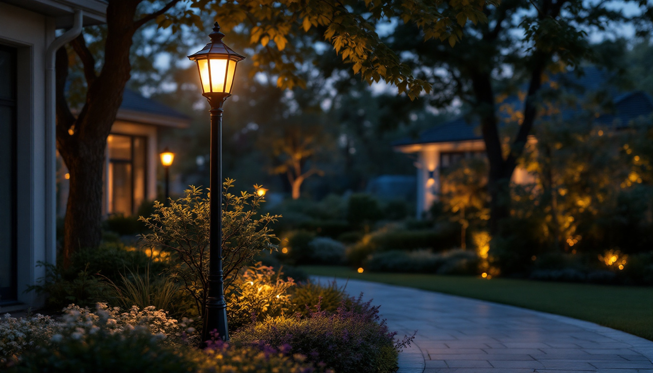 A photograph of a beautifully designed outdoor lamp post illuminated at dusk