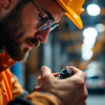 A photograph of a lighting contractor inspecting a twist lock connector on a job site