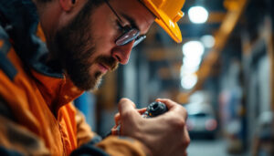 A photograph of a lighting contractor inspecting a twist lock connector on a job site
