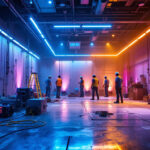 A photograph of a lighting installation project in progress