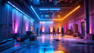 A photograph of a lighting installation project in progress