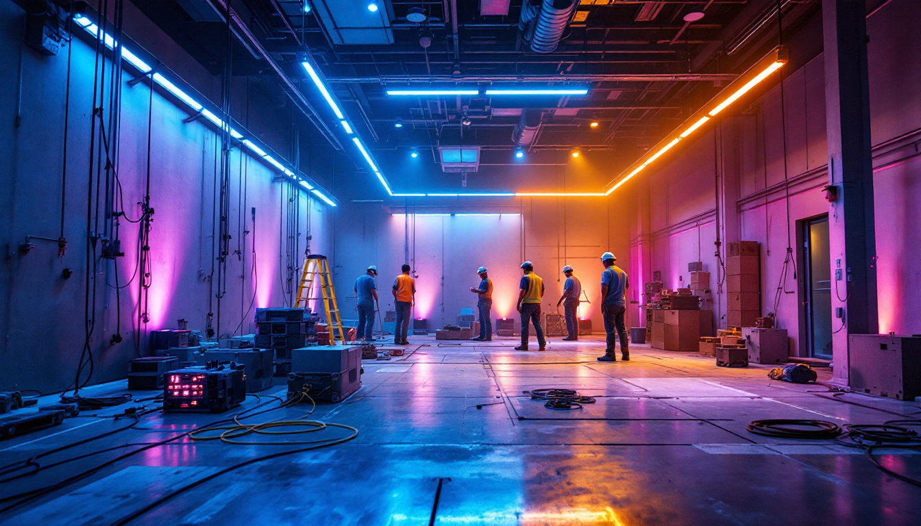 A photograph of a lighting installation project in progress