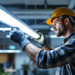 A photograph of a lighting contractor expertly installing or adjusting a fluorescent lighting fixture in a modern workspace