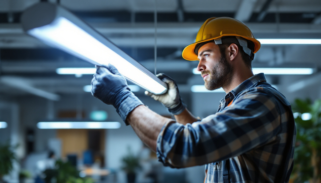 A photograph of a lighting contractor expertly installing or adjusting a fluorescent lighting fixture in a modern workspace