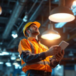 A photograph of a lighting contractor inspecting various types of lighting fixtures in a well-lit environment