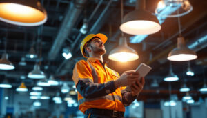 A photograph of a lighting contractor inspecting various types of lighting fixtures in a well-lit environment