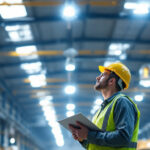 A photograph of a lighting contractor inspecting a high bay led lighting installation in a large warehouse