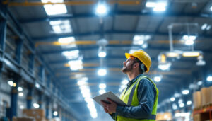 A photograph of a lighting contractor inspecting a high bay led lighting installation in a large warehouse