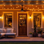 A photograph of a beautifully illuminated outdoor porch featuring a variety of stylish lighting fixtures