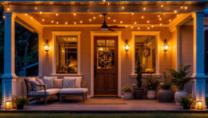 A photograph of a beautifully illuminated outdoor porch featuring a variety of stylish lighting fixtures