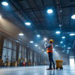 A photograph of a well-lit industrial space featuring high bay lights in action