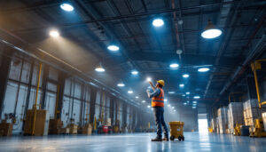 A photograph of a well-lit industrial space featuring high bay lights in action