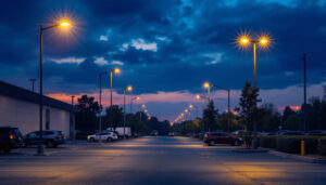 A photograph of a well-lit parking lot at dusk