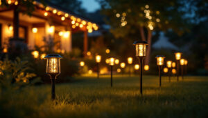 A photograph of a beautifully illuminated garden or yard at dusk