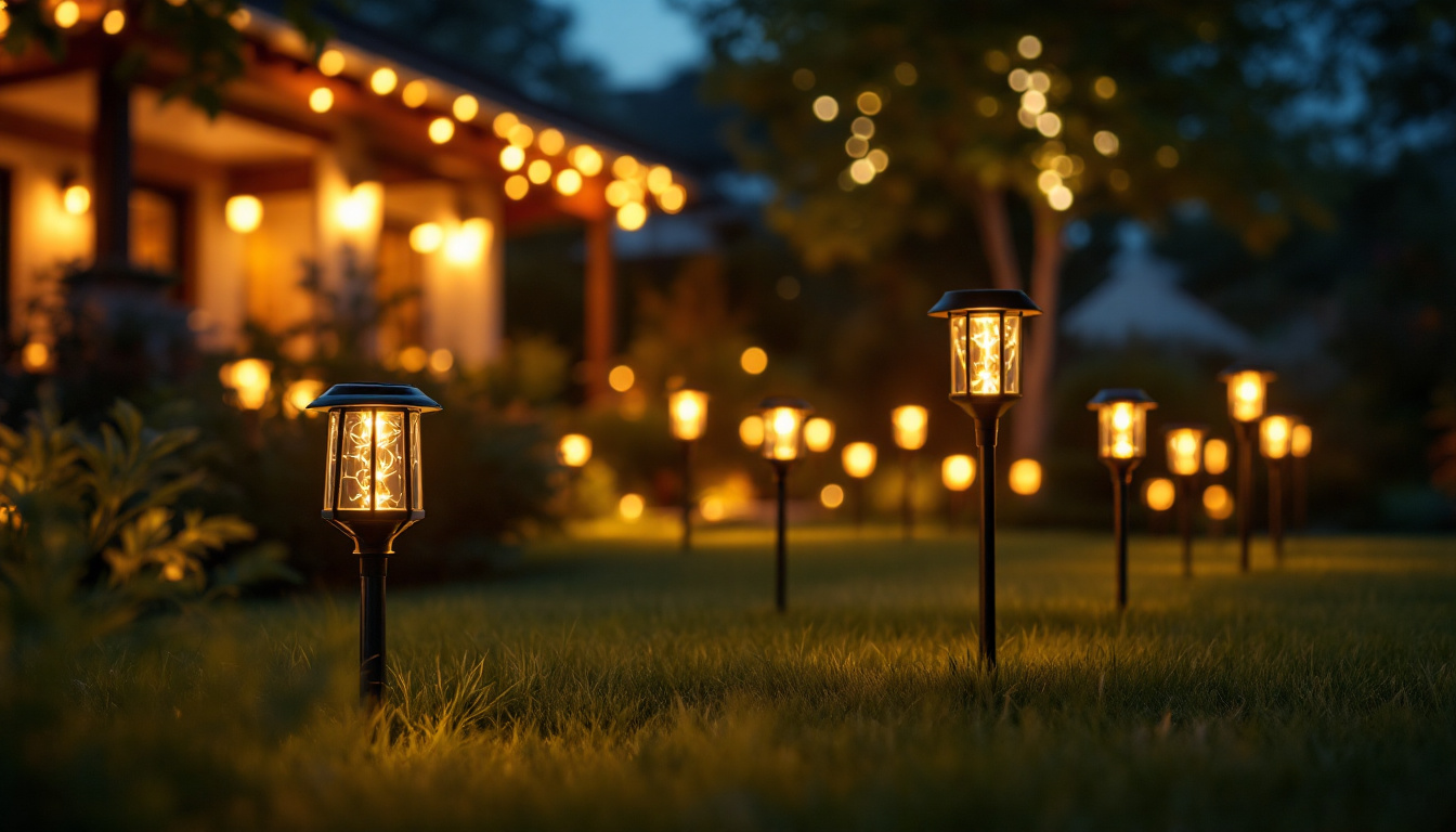 A photograph of a beautifully illuminated garden or yard at dusk