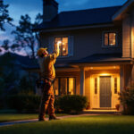 A photograph of a lighting contractor installing dusk-to-dawn lights in a residential setting during twilight