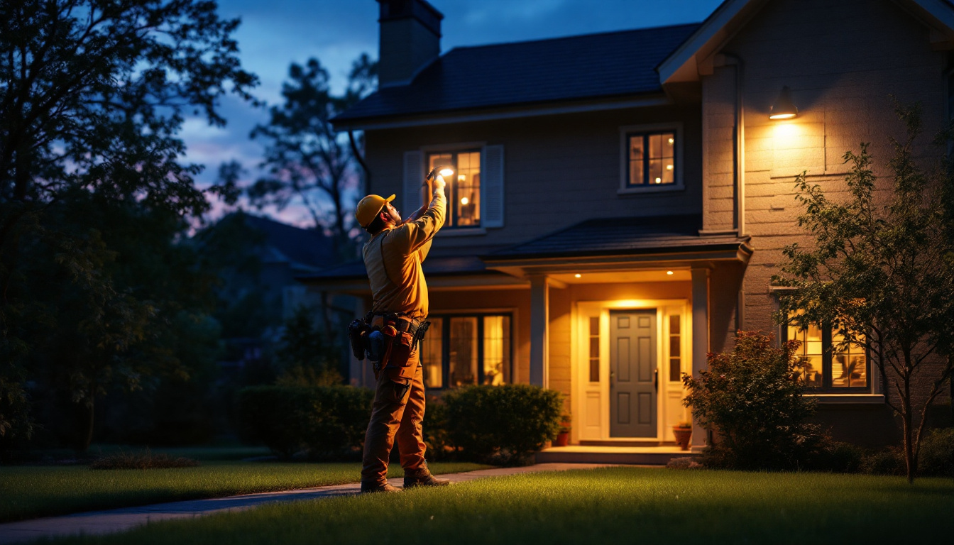 A photograph of a lighting contractor installing dusk-to-dawn lights in a residential setting during twilight