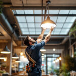 A photograph of a lighting contractor expertly installing canopy lights in a commercial setting