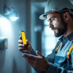A photograph of a lighting contractor inspecting a light-on sensor installation in a residential or commercial setting