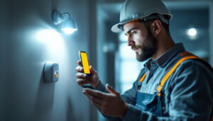 A photograph of a lighting contractor inspecting a light-on sensor installation in a residential or commercial setting