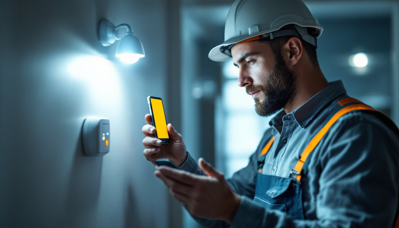 A photograph of a lighting contractor inspecting a light-on sensor installation in a residential or commercial setting