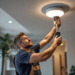 A photograph of a lighting contractor expertly installing recessed light fixtures in a modern home setting