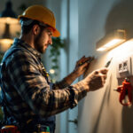 A photograph of a skilled lighting contractor expertly installing or inspecting a modern electrical wall outlet in a well-lit residential setting