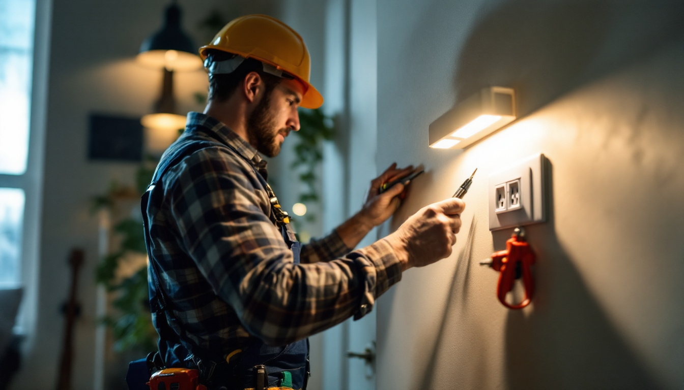 A photograph of a skilled lighting contractor expertly installing or inspecting a modern electrical wall outlet in a well-lit residential setting
