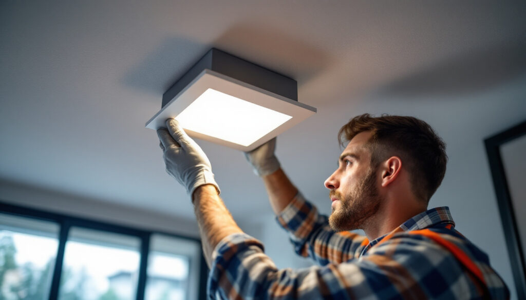 A photograph of a lighting contractor expertly installing a recessed square drive light fixture in a modern interior setting