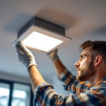A photograph of a lighting contractor expertly installing a recessed square drive light fixture in a modern interior setting