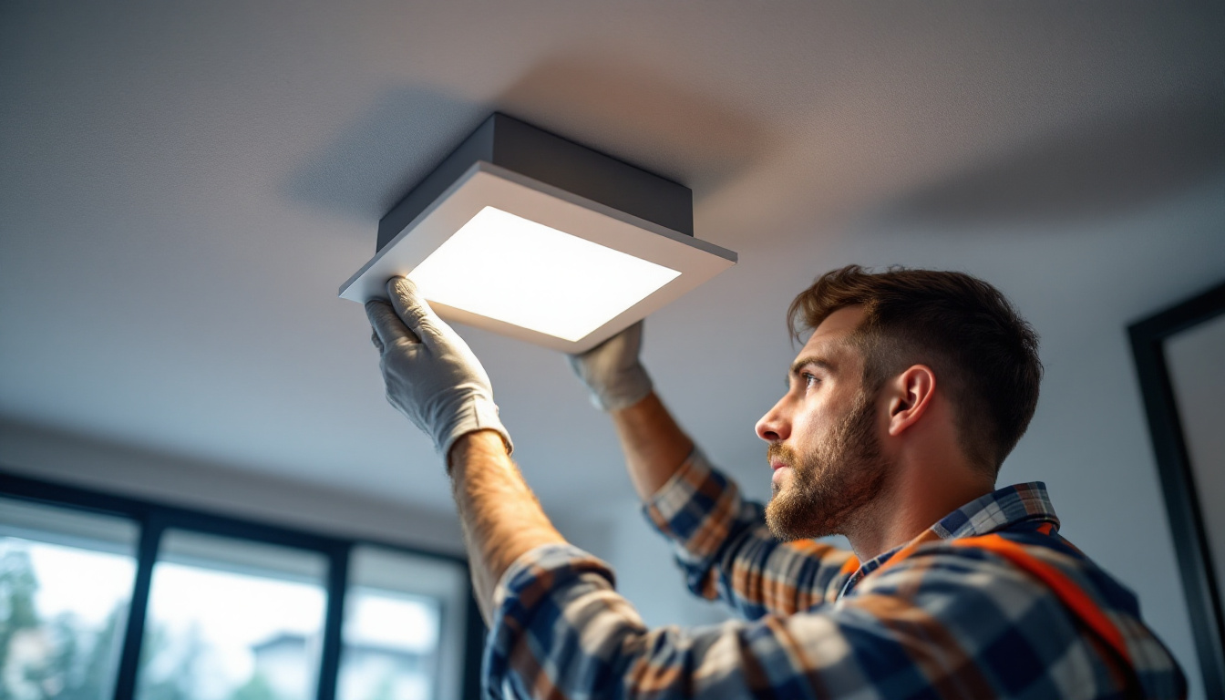 A photograph of a lighting contractor expertly installing a recessed square drive light fixture in a modern interior setting