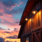 A photograph of a lighting contractor installing stylish outdoor barn lights on a rustic barn