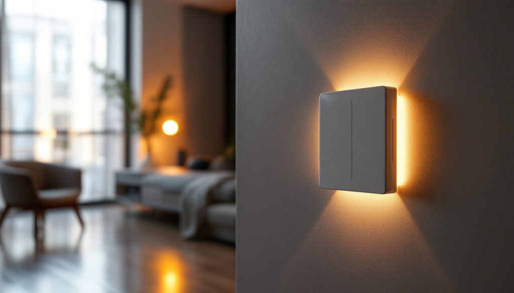 A photograph of a modern smart light switch installed in a stylish home setting