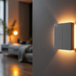 A photograph of a modern smart light switch installed in a stylish home setting