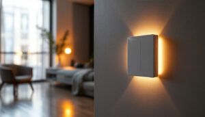 A photograph of a modern smart light switch installed in a stylish home setting