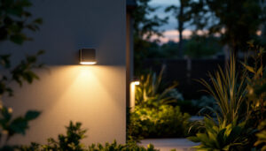 A photograph of capture a photograph of a modern outdoor sensor light illuminating a beautifully landscaped garden at dusk