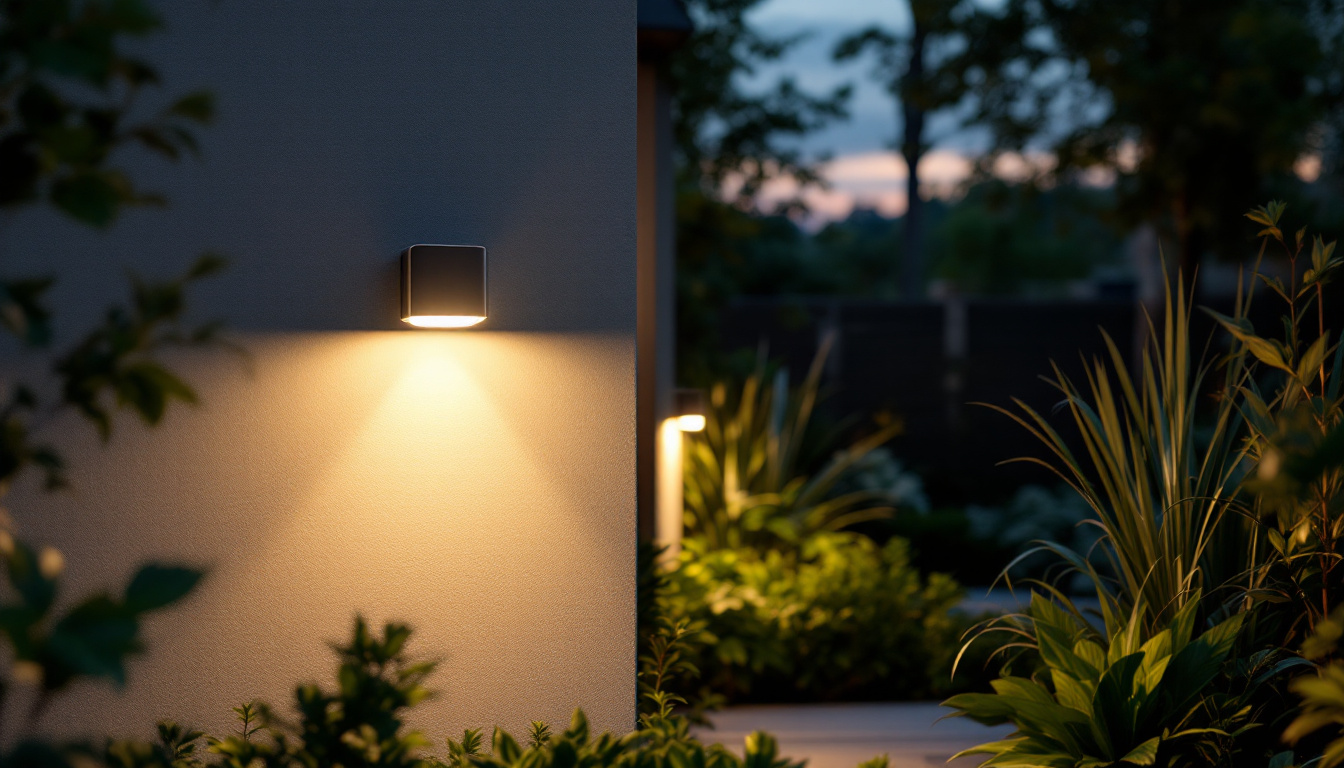 A photograph of capture a photograph of a modern outdoor sensor light illuminating a beautifully landscaped garden at dusk