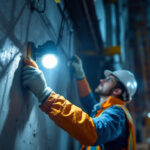 A photograph of a lighting contractor skillfully installing worklights at a construction site