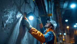A photograph of a lighting contractor skillfully installing worklights at a construction site