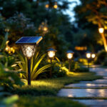 A photograph of a beautifully illuminated outdoor landscape featuring solar-powered lights in various settings
