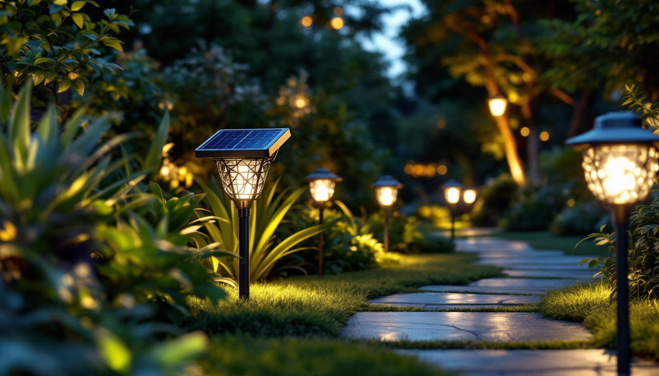 A photograph of a beautifully illuminated outdoor landscape featuring solar-powered lights in various settings
