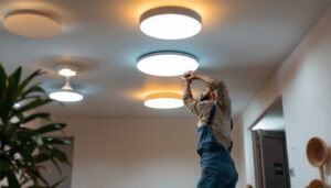 A photograph of a well-lit room showcasing various styles of ceiling can lights in action