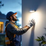 A photograph of a lighting contractor installing a movement detector light in a residential setting