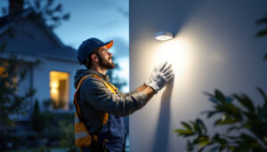 A photograph of a lighting contractor installing a movement detector light in a residential setting