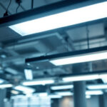 A photograph of a well-lit space featuring various fluorescent light fixtures in use