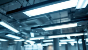 A photograph of a well-lit space featuring various fluorescent light fixtures in use