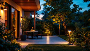 A photograph of a beautifully illuminated outdoor space featuring solar lighting fixtures