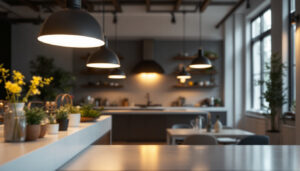 A photograph of a beautifully lit interior space showcasing westgate lighting fixtures in use