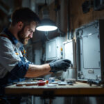 A photograph of a lighting contractor in action